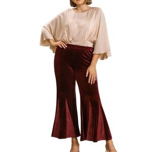 Umgee 1XL Sequined Velvet Stretch Flare Pants in Burgundy